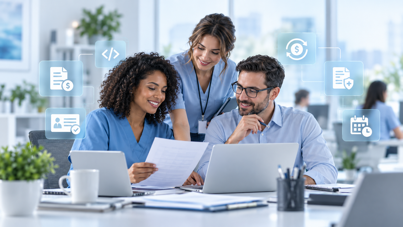 Billing specialists reviewing a claim together