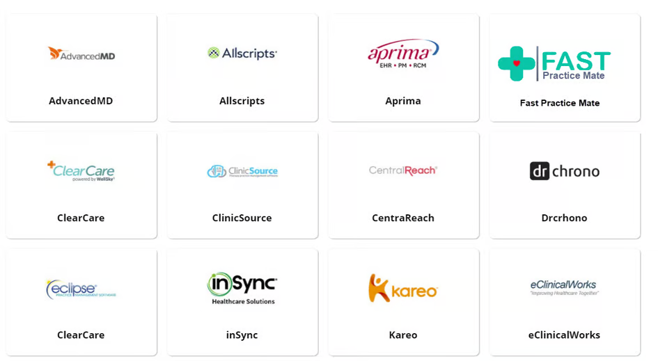 Billing software logos we master including AdvancedMD, Allscripts, Aprima, Fast Practice Mate, ClearCare, ClinicSource, CentraReach, Drchrono, Eclipse, inSync, Kareo, and eClinicalWorks